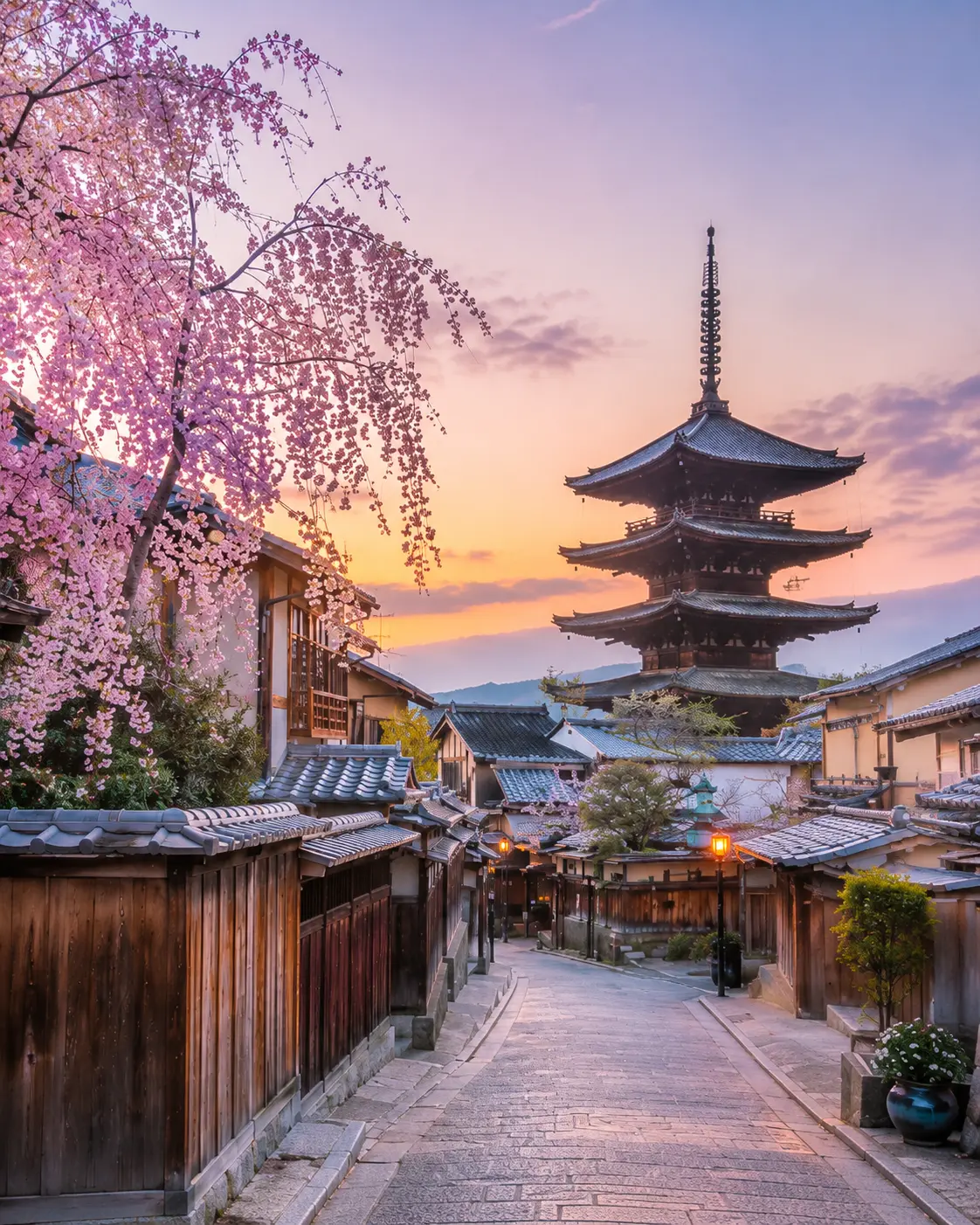 Traditional Kyoto street at sunset