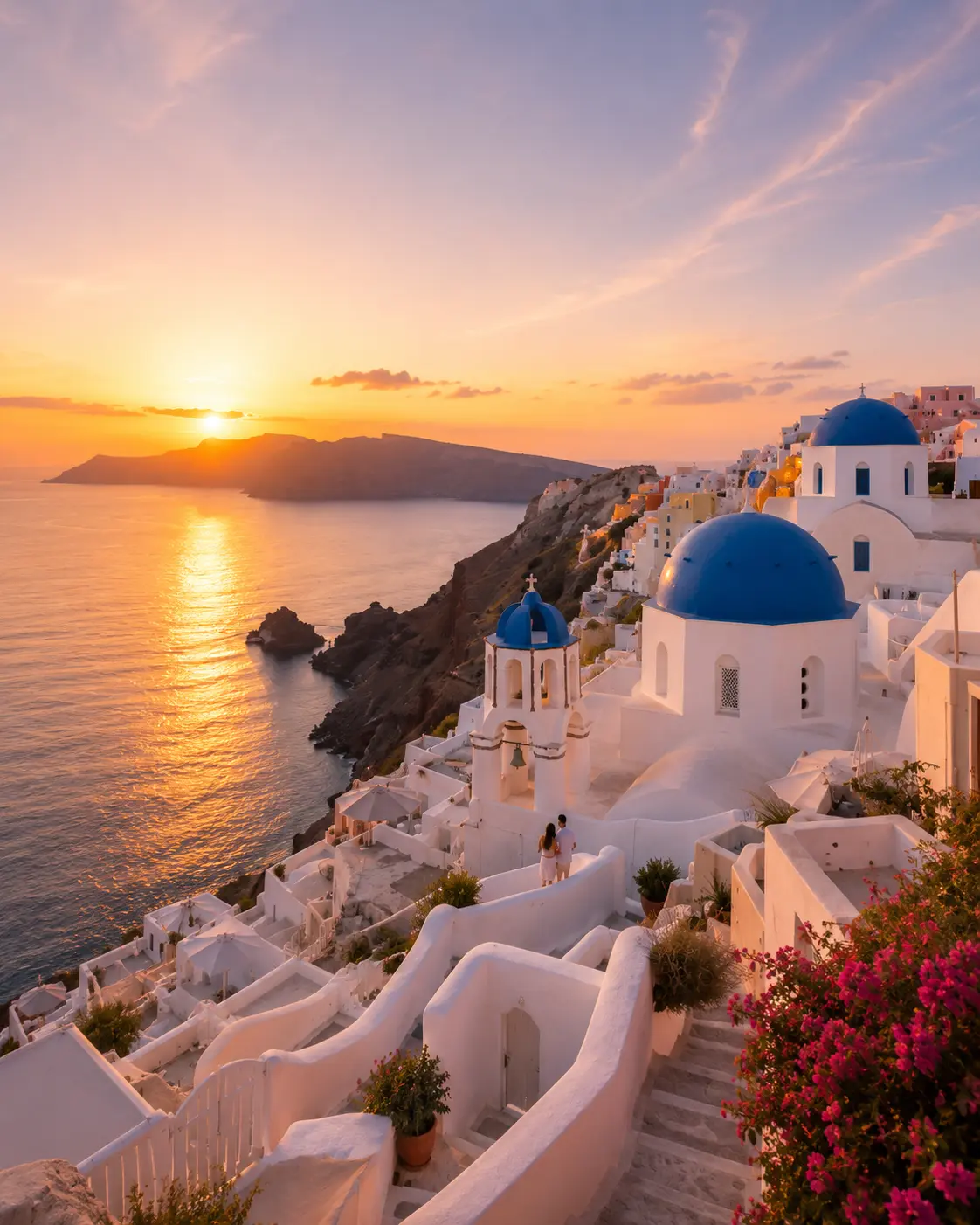 Santorini sunset with white buildings and blue domes